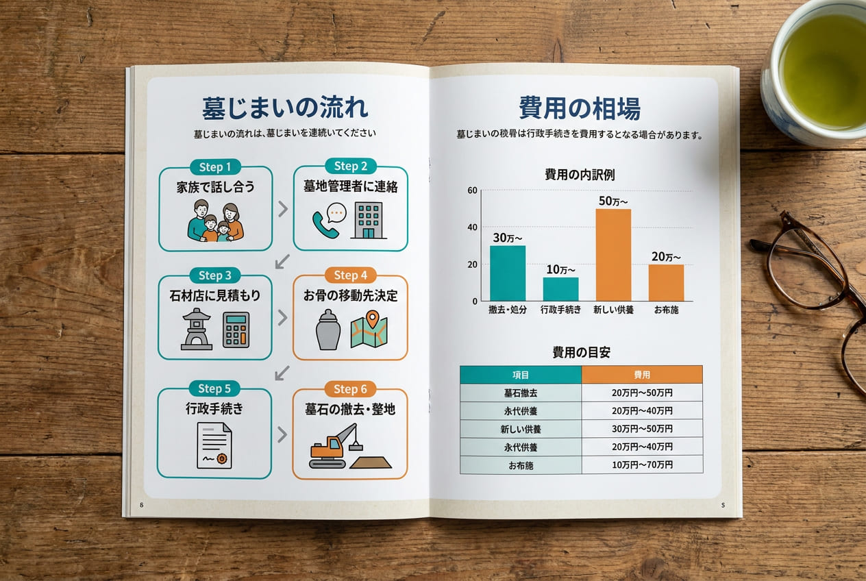 ガイドブックの誌面イメージ。墓じまいの流れの図解と費用相場のグラフが掲載された見開きページ