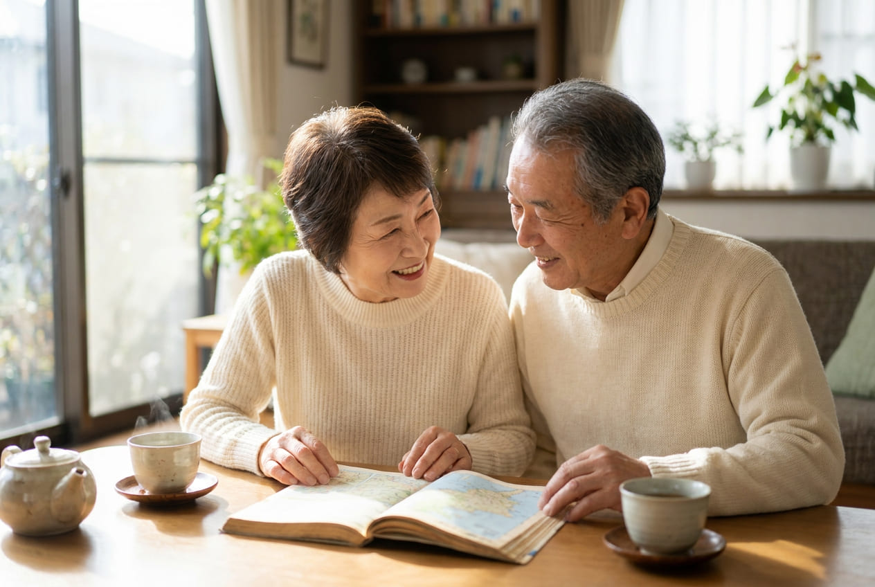 ガイドブックを見ながら笑顔で話し合うシニアのご夫婦